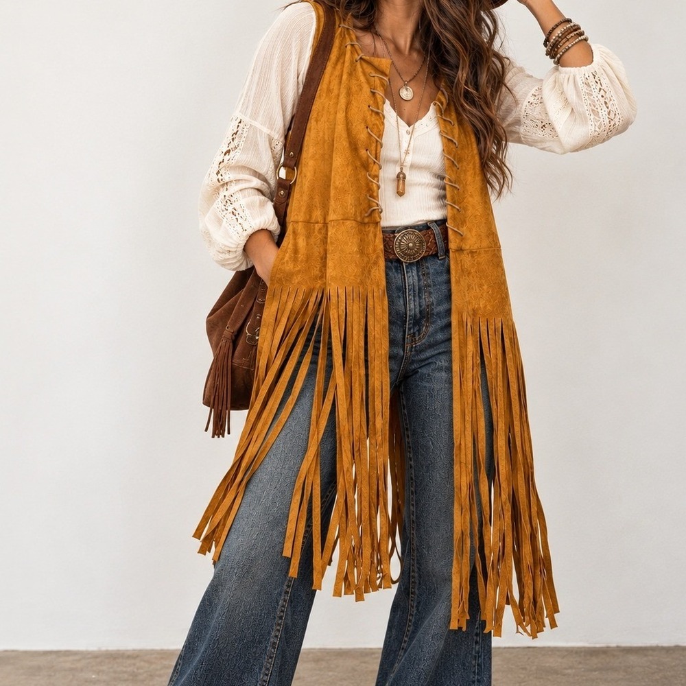 Hotouch Women Vest Faux Suede Fringe Lace Up XL Tan Western Hippie Festival